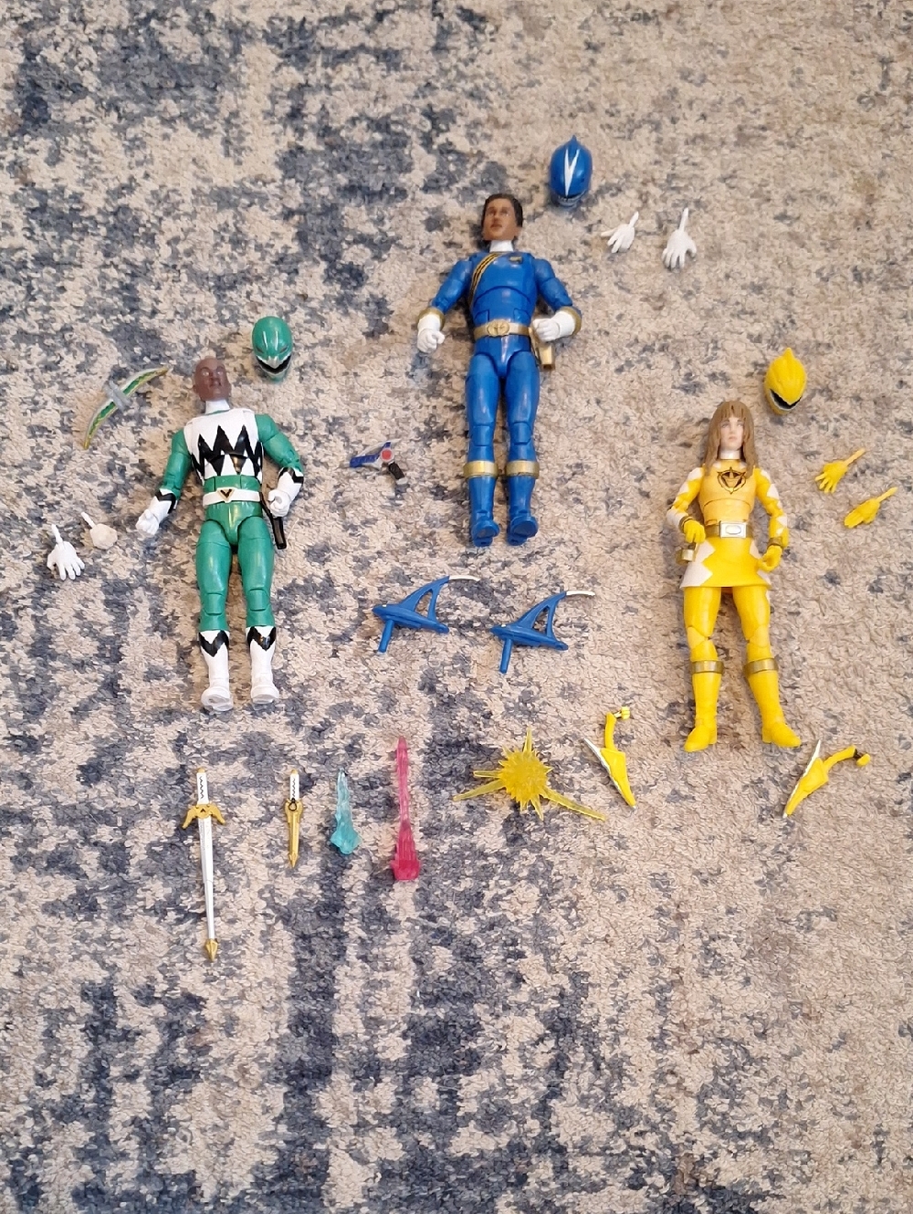Power Ranger Three-Figure Set — Green, Blue & Yellow Rangers with Accessories
